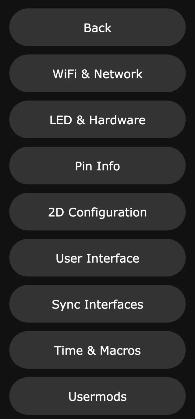 WLED 16 settings menu with buttons Back, WiFi and Network, LED and Hardware, Pin Info, 2D Configuration, User Interface, Sync Interfaces, Time and Macros, Usermods