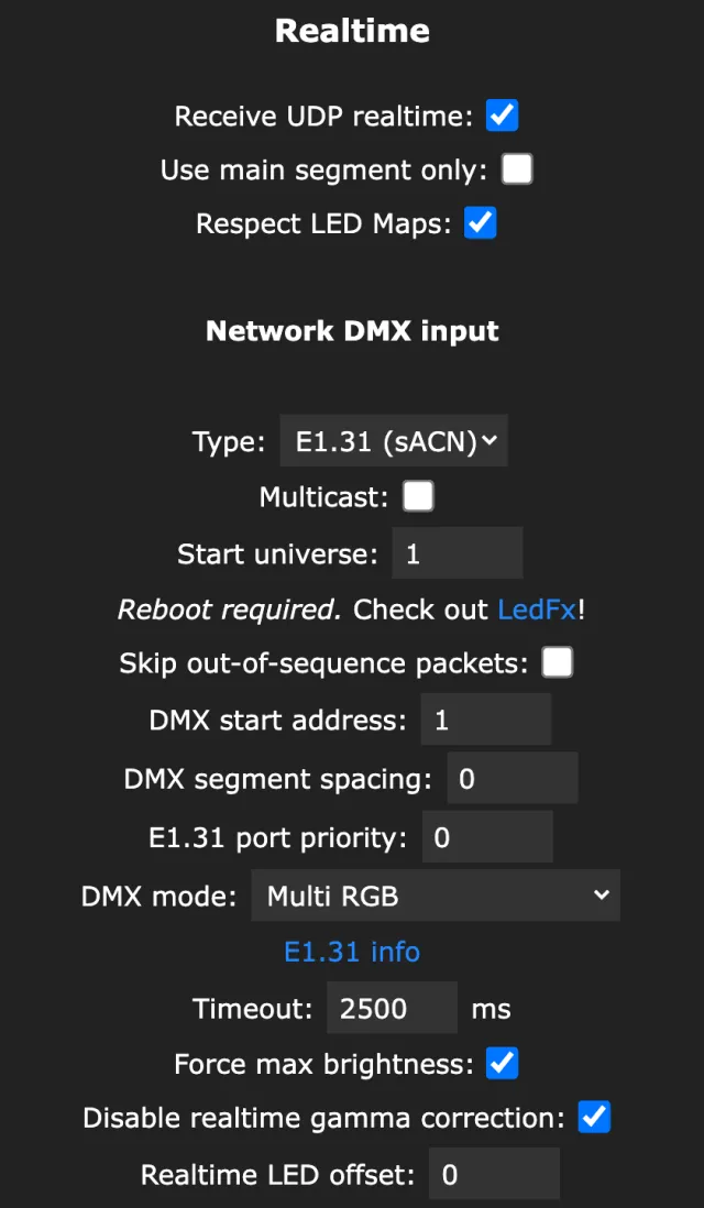 WLED 16.0.1 Sync setup page, Realtime section: Receive UDP realtime checked, Use main segment only unchecked, Respect LED Maps checked, followed by the Network DMX input settings