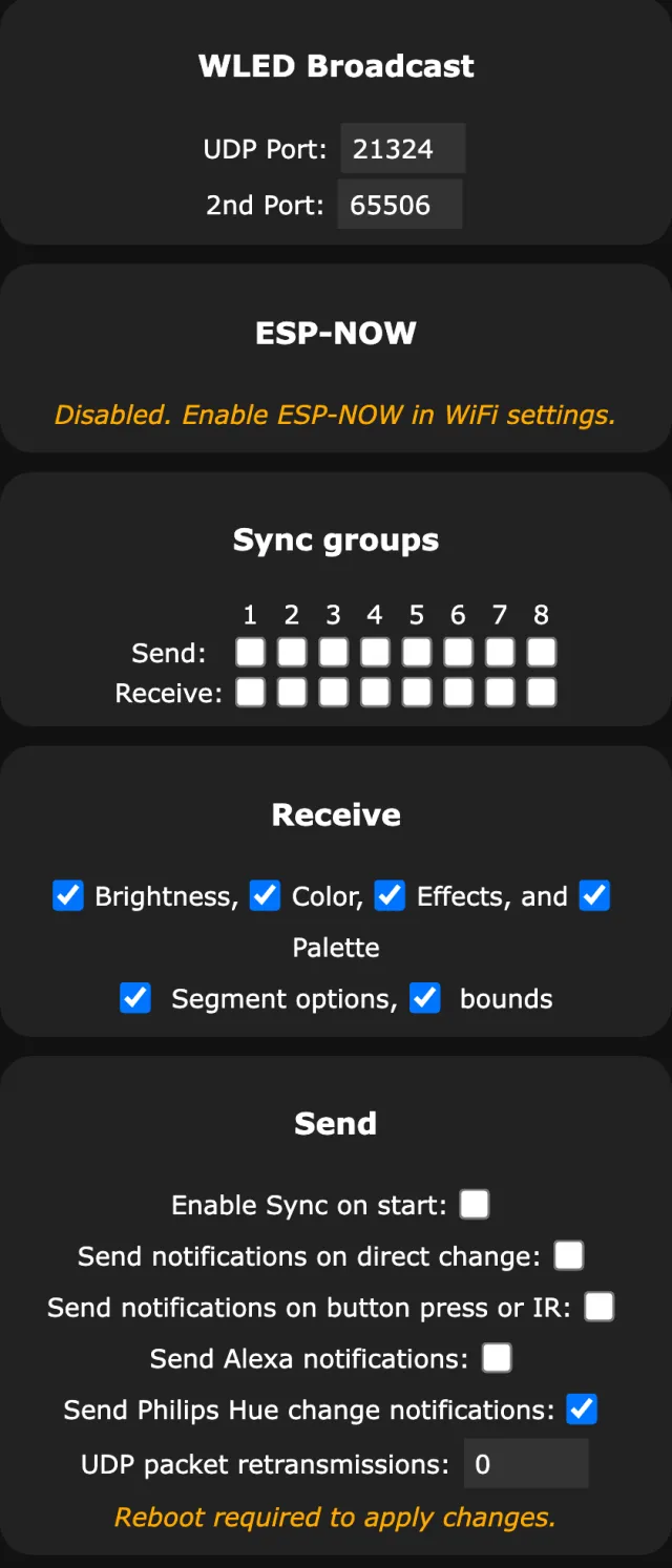 WLED Sync setup page: WLED Broadcast with UDP port 21324 and 2nd port 65506, ESP-NOW disabled, Sync groups 1 to 8 for Send and Receive, Receive options Brightness, Color, Effects, Palette, Segment options and bounds, and Send options including Send notifications on direct change