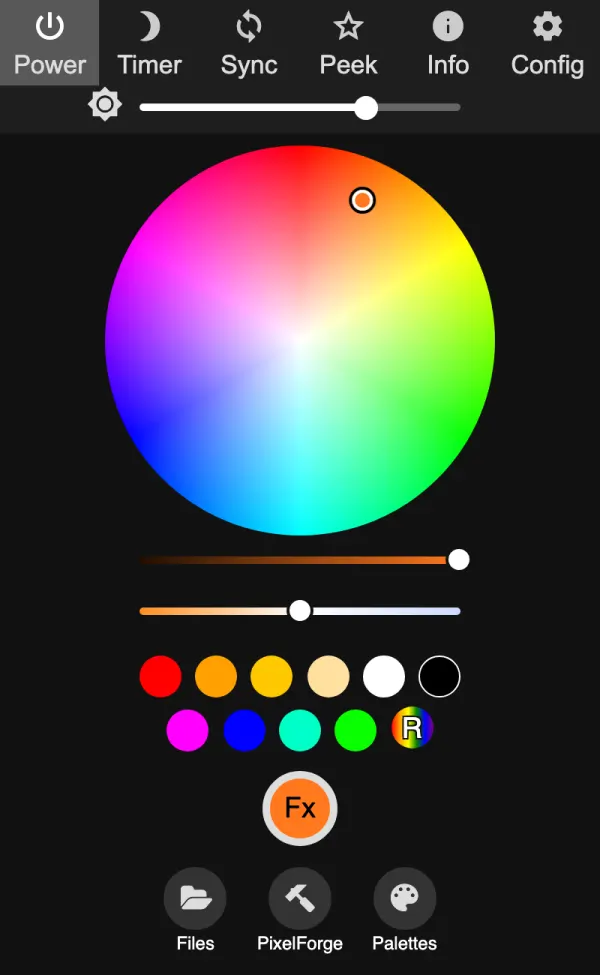 WLED web interface on a phone: top bar with Power, Timer, Sync, Peek, Info and Config, a brightness slider, the color wheel and swatches, and the Colors, Effects, Segments and Presets tabs at the bottom