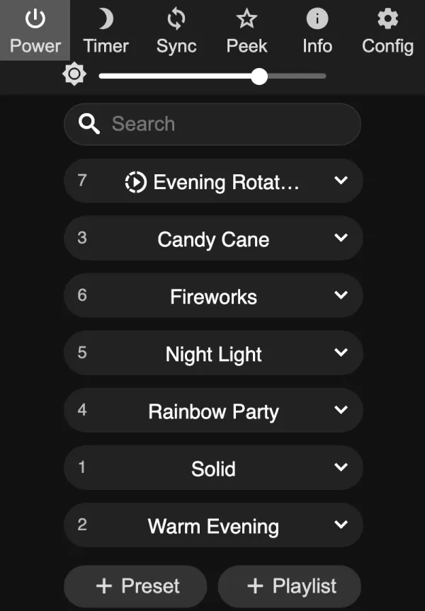 WLED web interface Presets tab listing numbered presets: Evening Rotation, Candy Cane, Fireworks, Night Light, Rainbow Party, Solid, Warm Evening, with + Preset and + Playlist buttons
