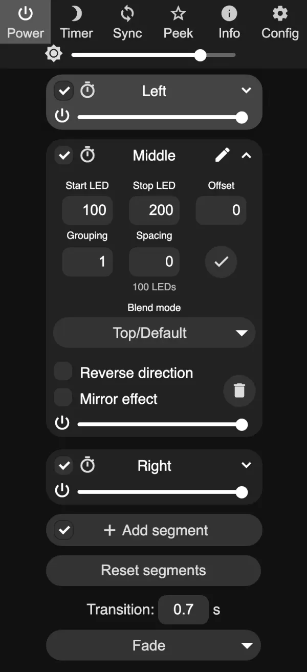 WLED web interface Segments tab with three segments named Left, Middle and Right, each with a selection checkbox; Middle is expanded with Start LED 100, Stop LED 200, Grouping 1, Spacing 0, 100 LEDs, Blend mode, Reverse direction and Mirror effect
