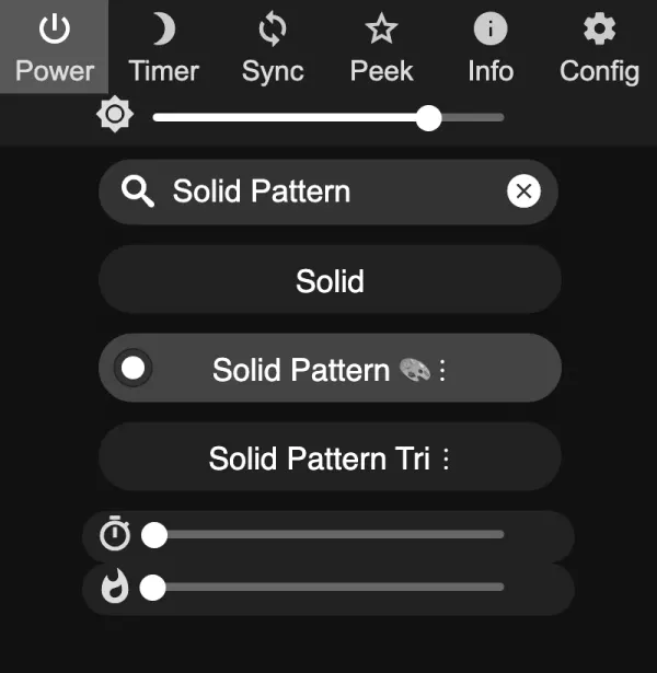 WLED web interface Effects tab with Solid Pattern typed in the search box: Solid, Solid Pattern (selected) and Solid Pattern Tri, with the effect's two sliders below