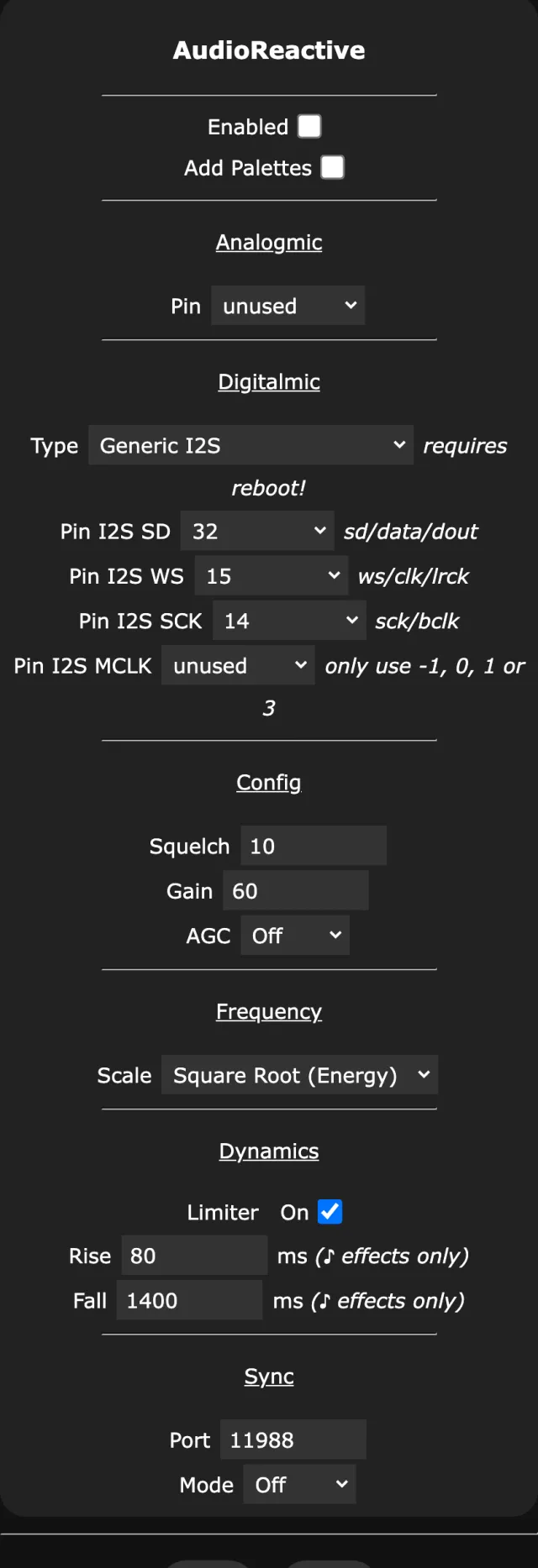 WLED Usermods page, AudioReactive section: Enabled and Add Palettes checkboxes, analog and digital microphone pins, Squelch, Gain, AGC, frequency scale, dynamics limiter, and Sync with Port 11988 and Mode