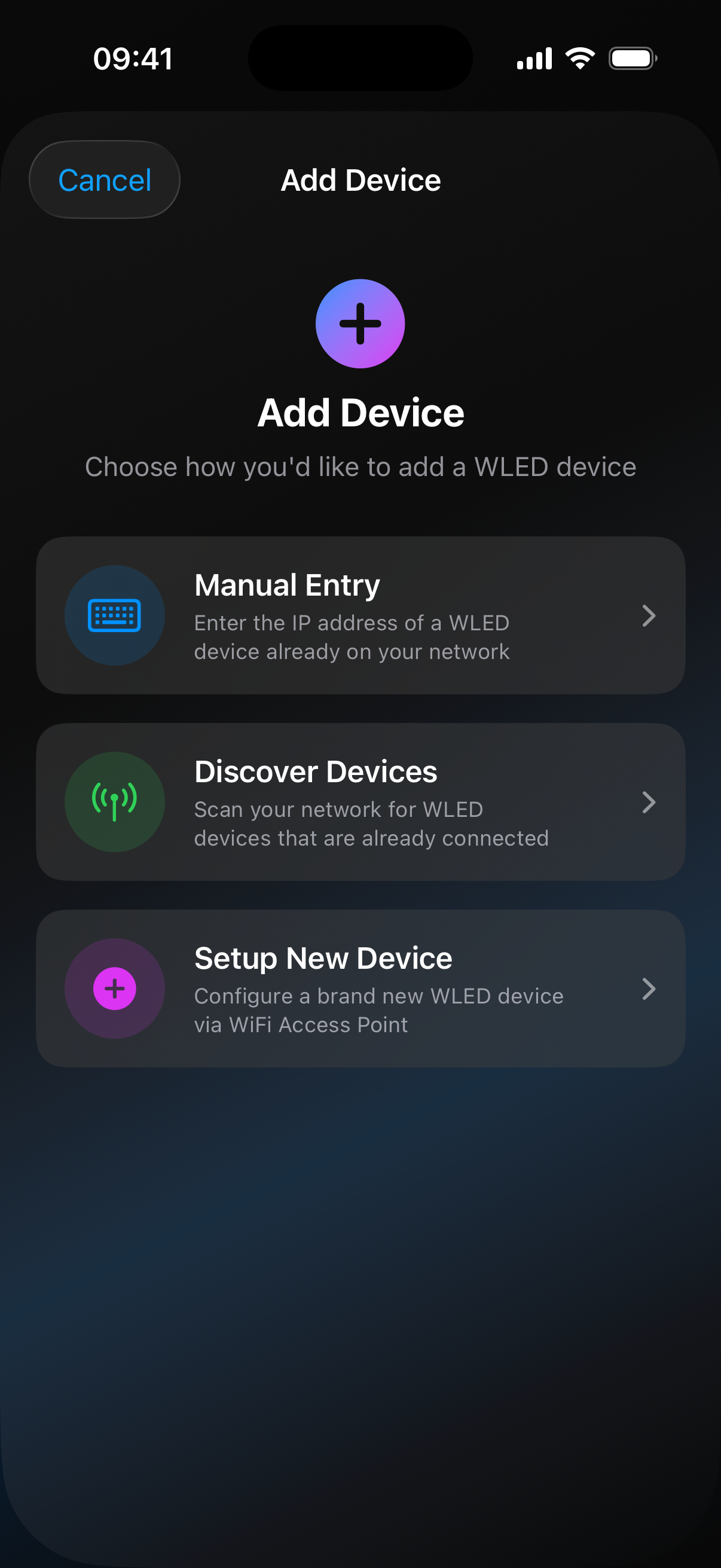 WLED auto-discovery screen finding ESP32 and ESP8266 devices on the network