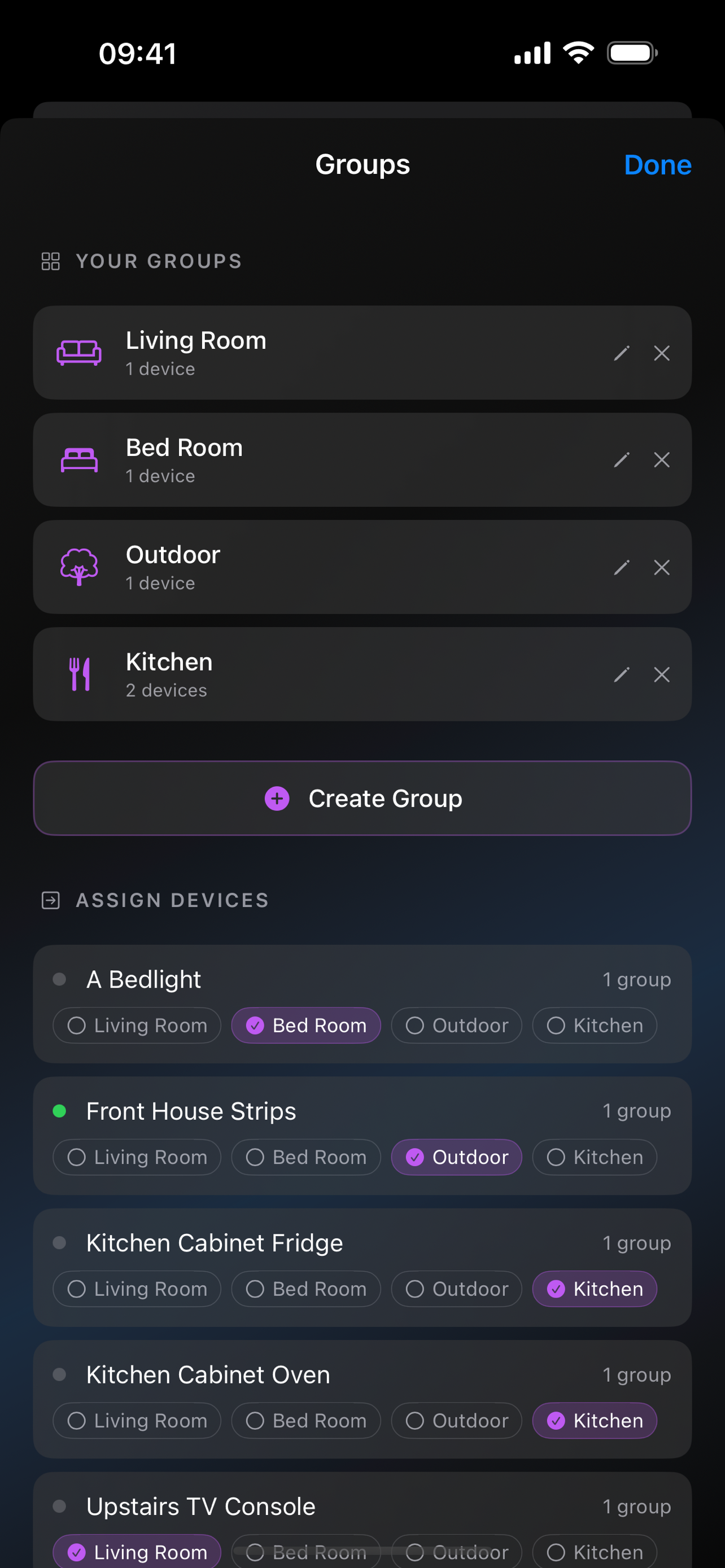 WLED device group management with custom room names and icons