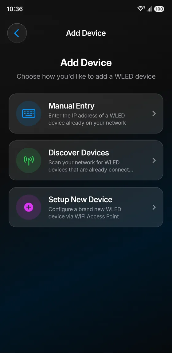WLED Max Add Device screen with Manual Entry, Discover Devices and Setup New Device options