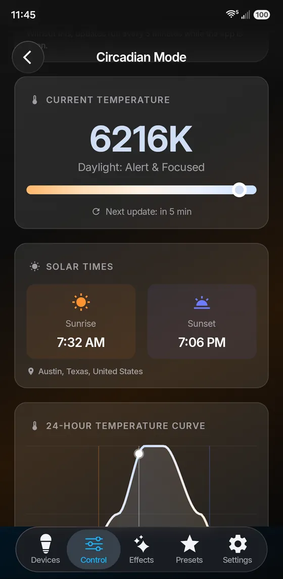 WLED Max Circadian Mode at 6216K daylight with local sunrise and sunset times and a 24-hour temperature curve