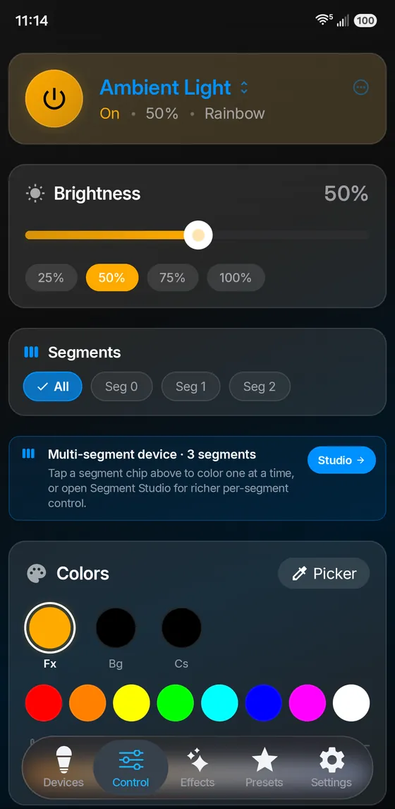 WLED Max control screen with power, brightness slider and presets, segment chips and color slots for a WLED device