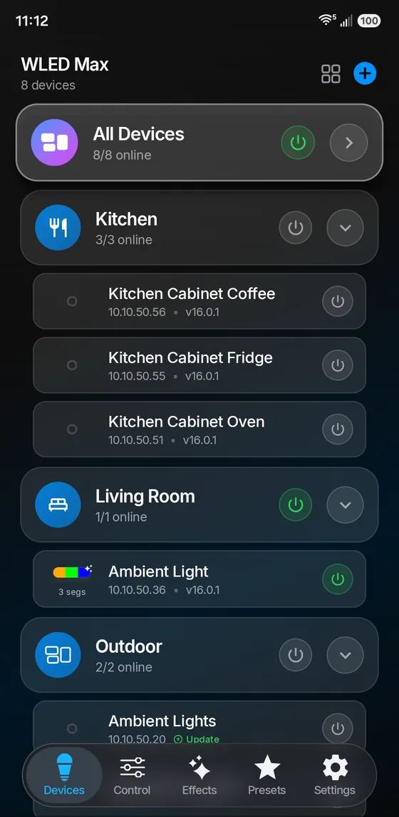 WLED Max device list with All Devices, Kitchen, Living Room and Outdoor groups, online status and power buttons for each WLED device