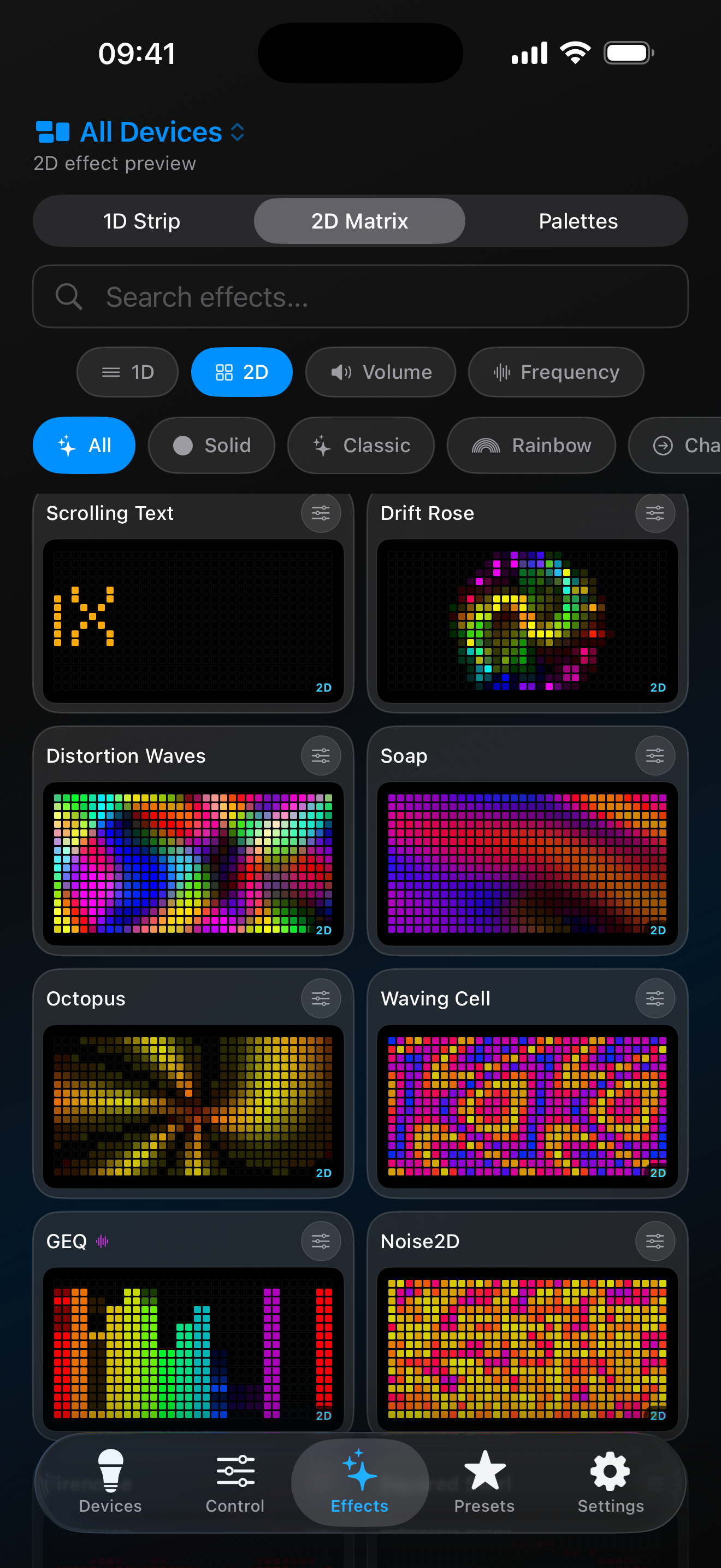 WLED Max effects browser showing live animated previews of WLED effects on iPhone