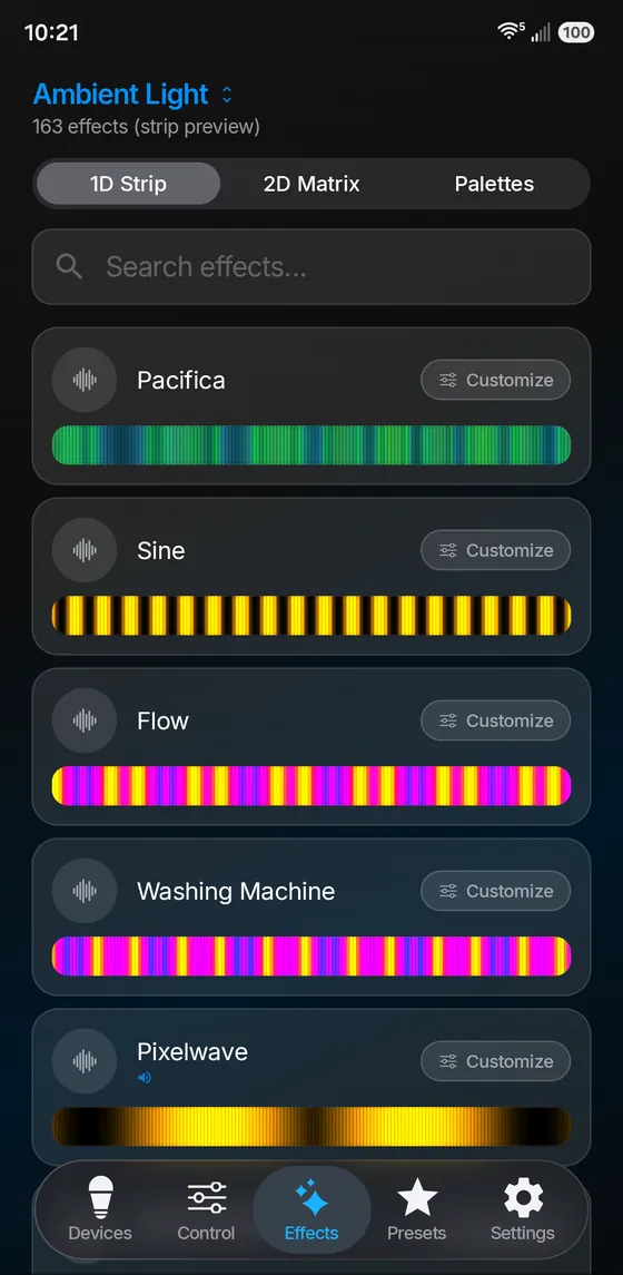 WLED Max effects browser on the 1D Strip tab, with live strip previews of effects such as Pacifica, Sine and Flow