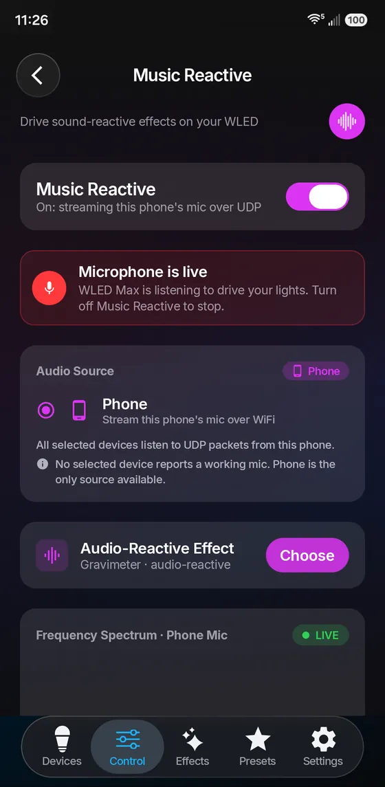 WLED Max Music Reactive screen streaming the phone microphone to WLED audio sync, with audio source and audio-reactive effect options