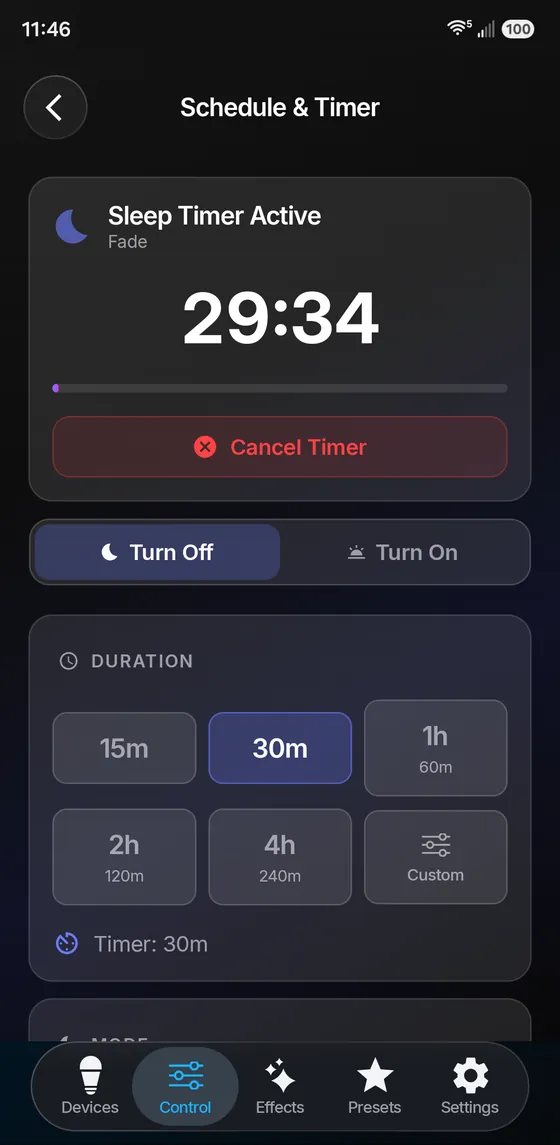 WLED Max Schedule and Timer screen with an active sleep timer counting down from 29:34 and duration options