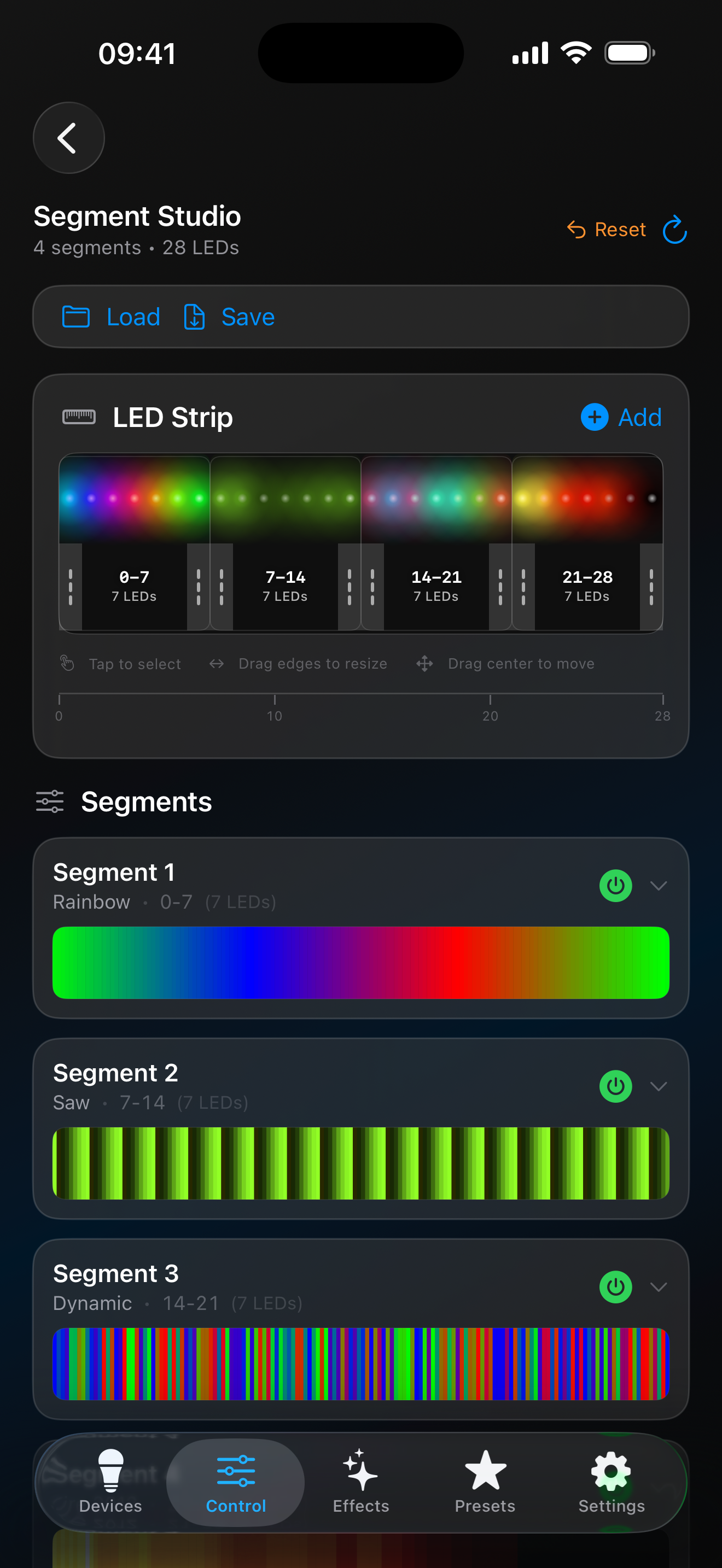 WLED Max Segments Studio visual segment editor on iPhone with drag handles for 1D strips and 2D matrices