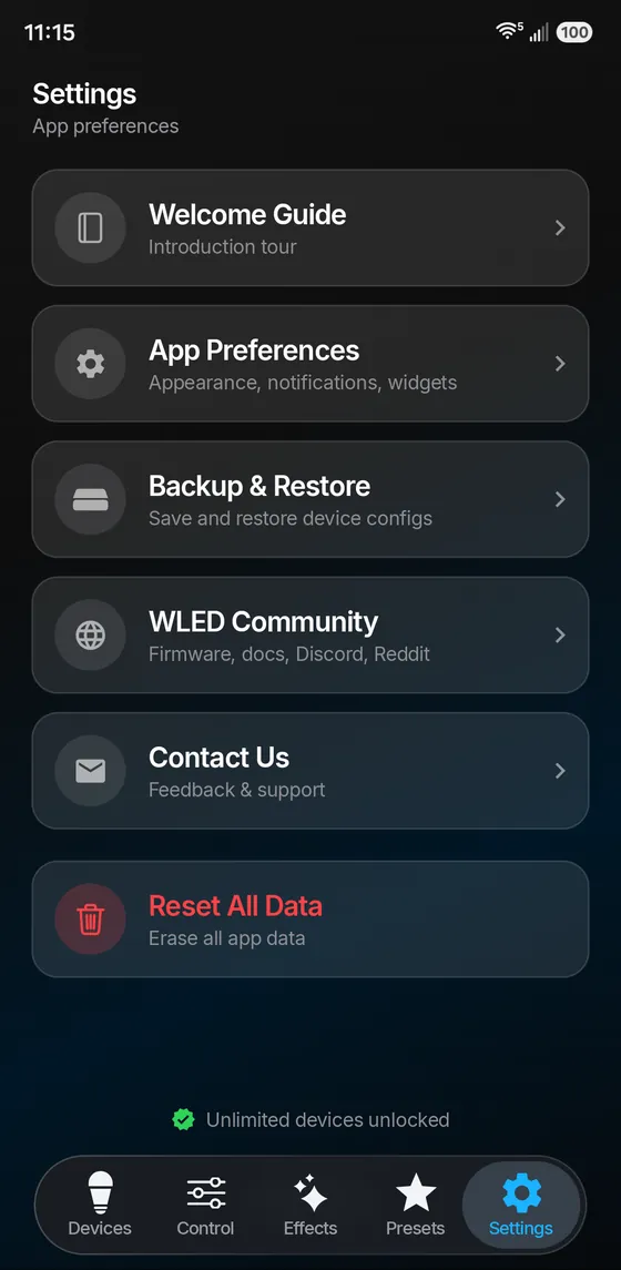 WLED Max settings with Welcome Guide, App Preferences, Backup & Restore, WLED Community and Contact Us