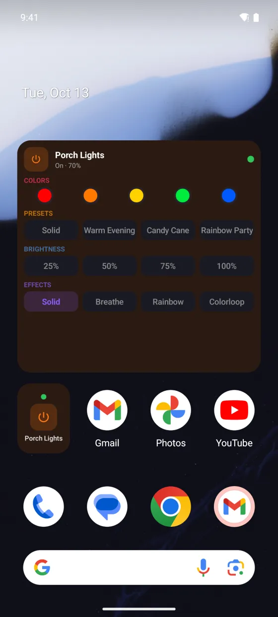 WLED Max home screen widget on Android with colors, presets, brightness and effects for a Kitchen light, plus group power widgets
